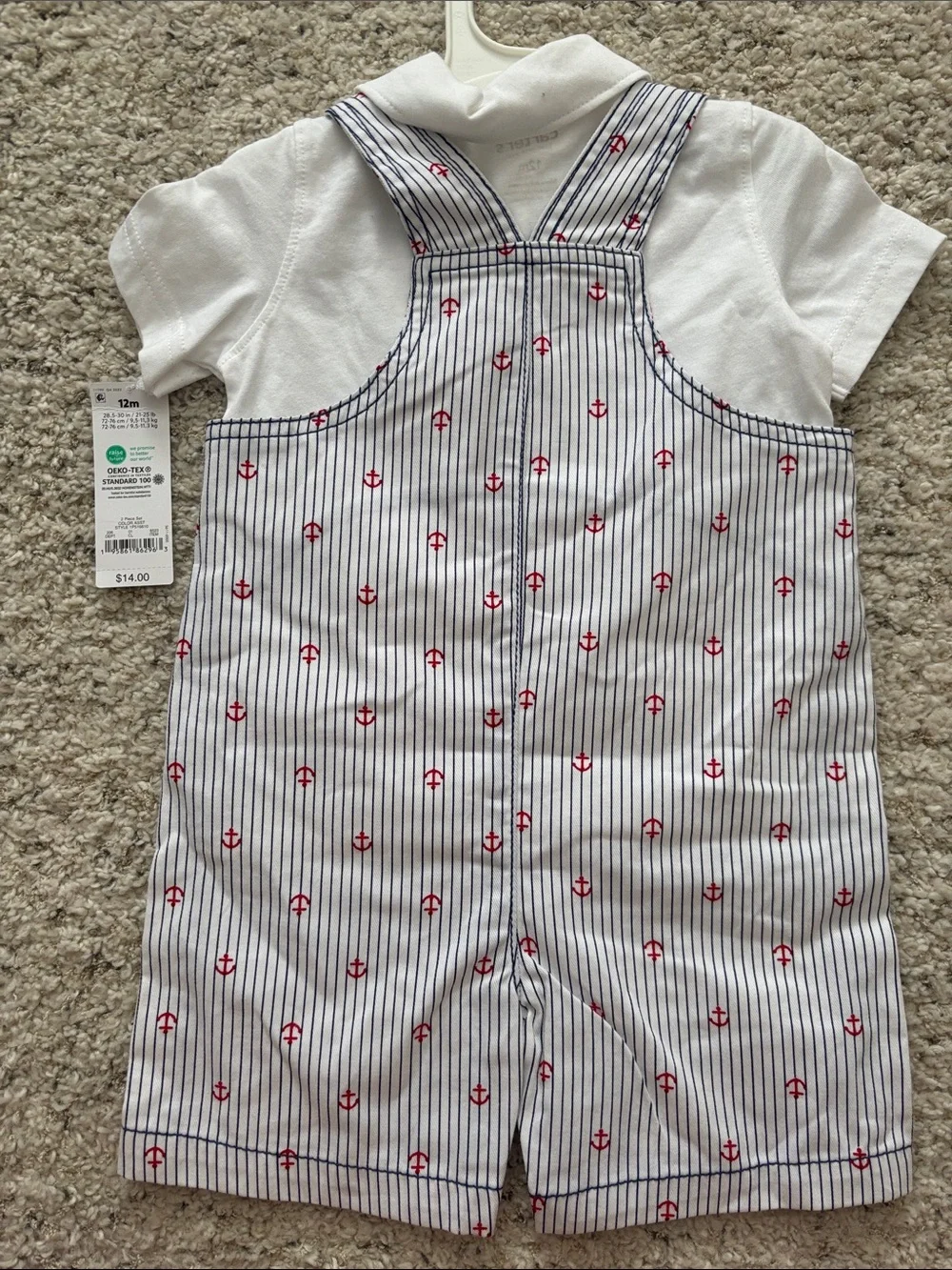 Carter's 12M White Polo Shortall with Navy Pinstripes and Red Anchors